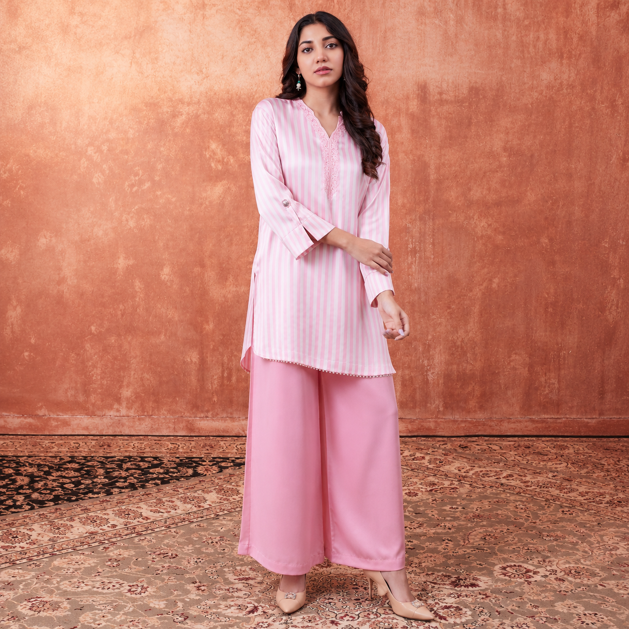 Blush Elegance Pink Striped Embroidered Kurti